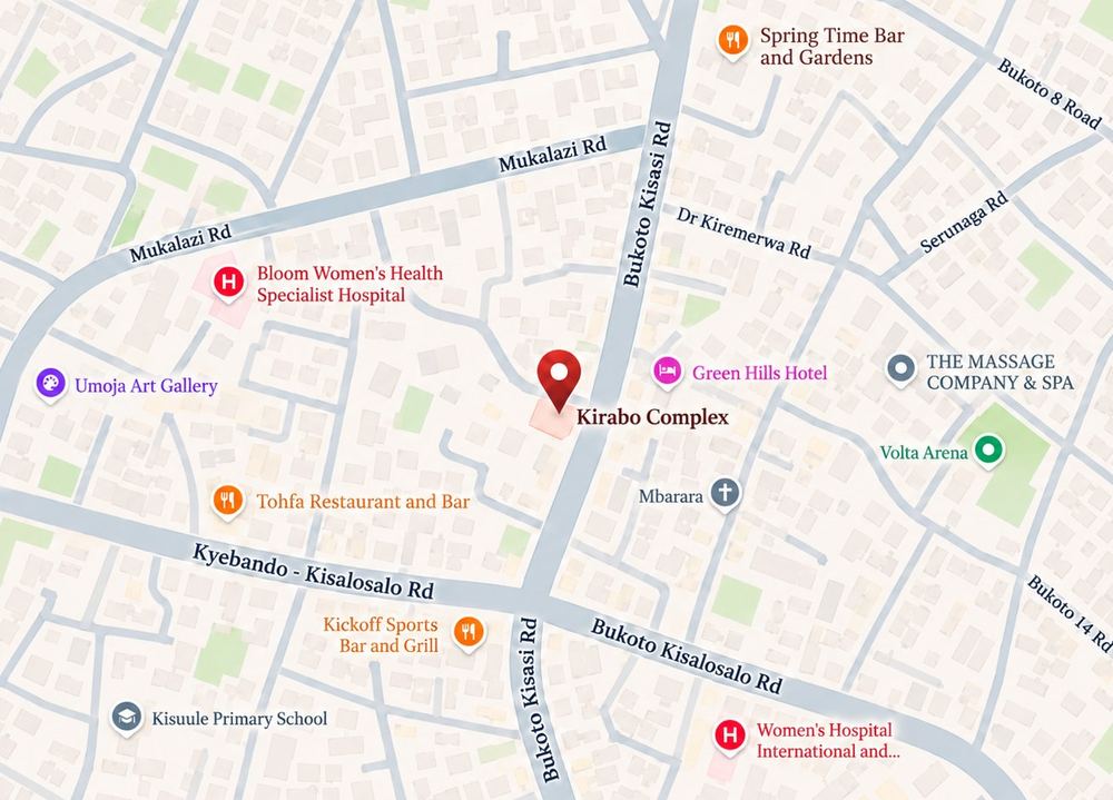 Map showing Kirabo Complex on Bukoto–Kisasi Road, Kampala